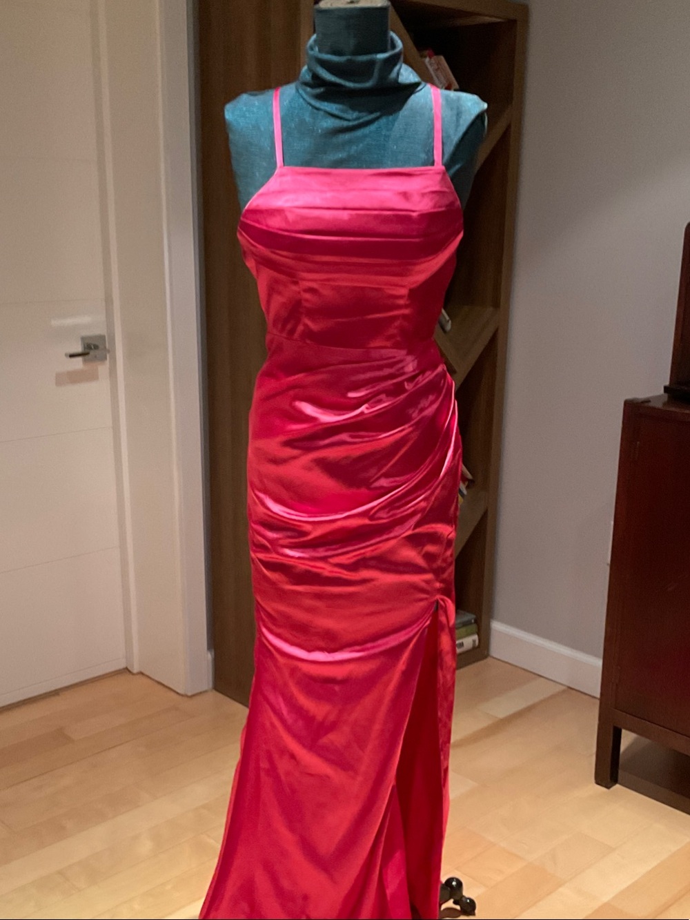 Fuchsia Satin Spaghetti-Strap Prom Gown